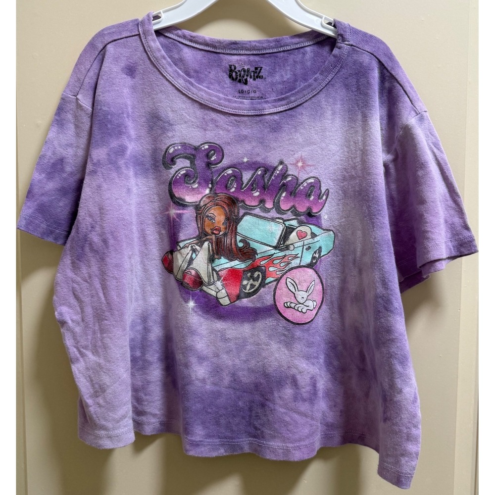 Bratz Sasha Graphic Crop Top Shirt Womens Large Purple Tie Dye Boxy T-Shirt Y2K